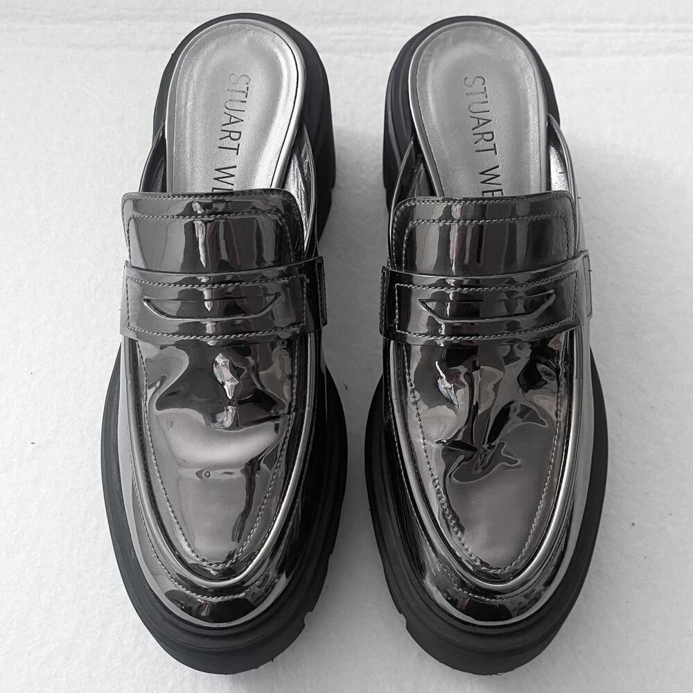 Stuart Weitzman Soho Gunmetal Metallic Platform Loafer Mules Size 7